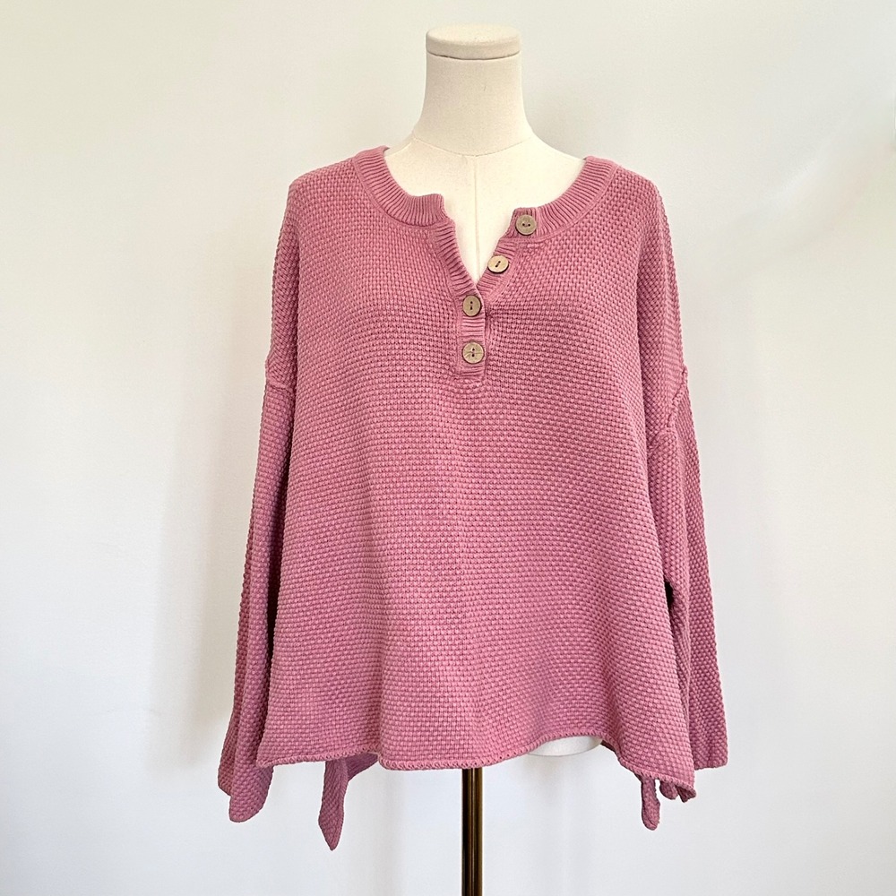 Free People FP Beach Hailee Sweater M Waffle Knit Henley Oversized Thermal Boho
